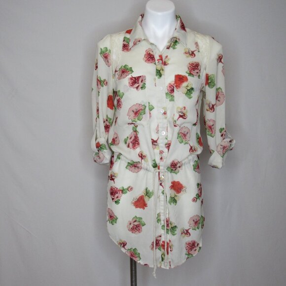 Miss Me Cream Floral Boho Tie Waist Tunic Top Tab Roll Sleeve Women's S Small - Picture 7 of 11